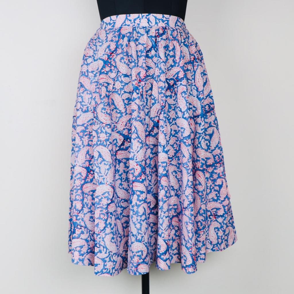 Blue with Pink Paisley - Hand block printed Knee length Skirt with two ...